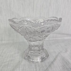Vintage Sawtooth Pressed Glass Compote Pedestal Candy Dish Pinwheel Star Pattern